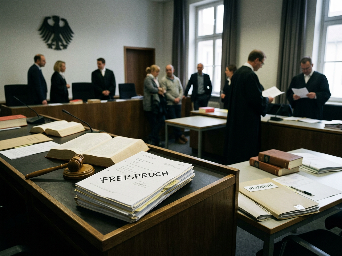 Courtroom scene with legal professionals and documents labeled FREISPRUCH and REVISION